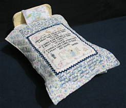 Unique artist book bed, Vintage metal doll bed, embroidered girlhood stories text, vintage and recycled textiles