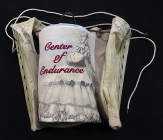 Unique artist book corset Conventional Burdens Corset opened to reveal printed book inside