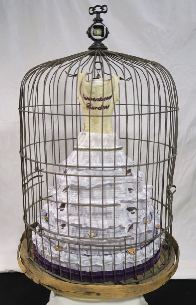 Unique artist book corset series, victorian bird cage, cage with hanging corset Title, crinoline