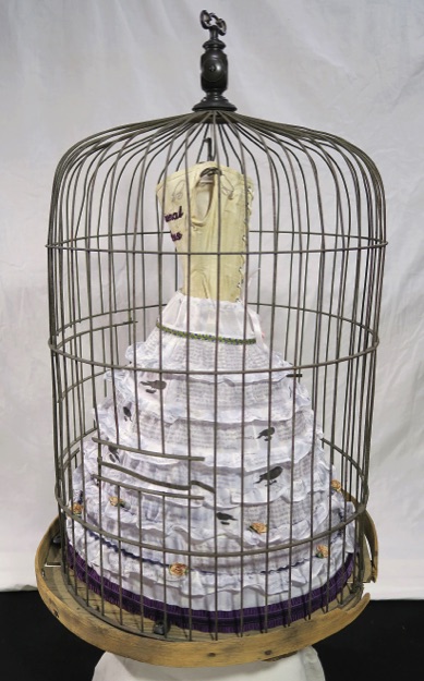 Unique artist book corset series, victorian bird cage, cage with hanging corset, crinoline side view