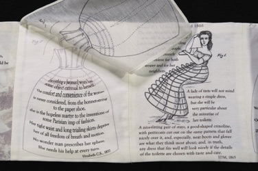 Conventional Burdens crinoline bird cage book, interior pages Side 1 with sheer page that reveals another of woman wearing crinoline