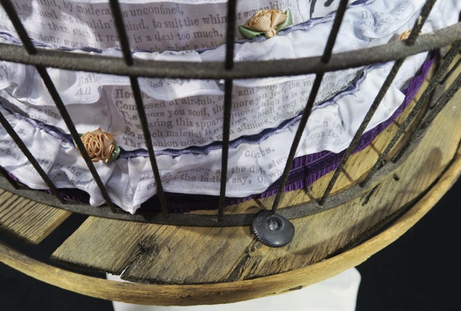 Unique artist book corset series, victorian bird cage, with collapsed crinoline, hanging corset, cage knob detail