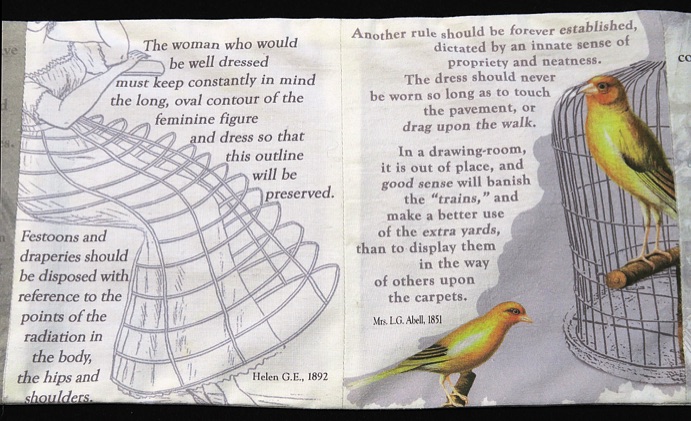 Conventional Burdens crinoline bird cage book, interior pages Side 2 colorful Canaries in cage and crinoline hoop image
