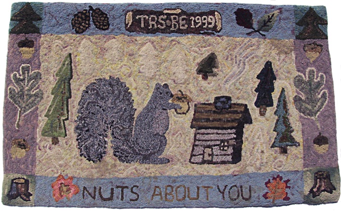 Tamar Stone Hand Hooked Rug squirrel, house, trees, primitive style
