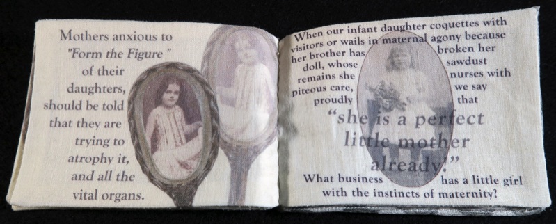 Tamar Stone Unique Artist Book What Mothers Want, Book 3 Form the Figure, inside book 3, digitally printed images on vintage cotton